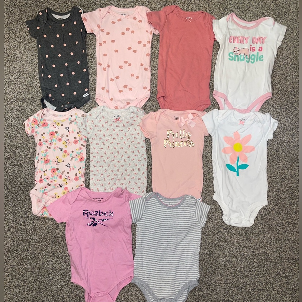 10 piece baby girl short-sleeve summer onesie clothes bundle lot; Size 6-9Months